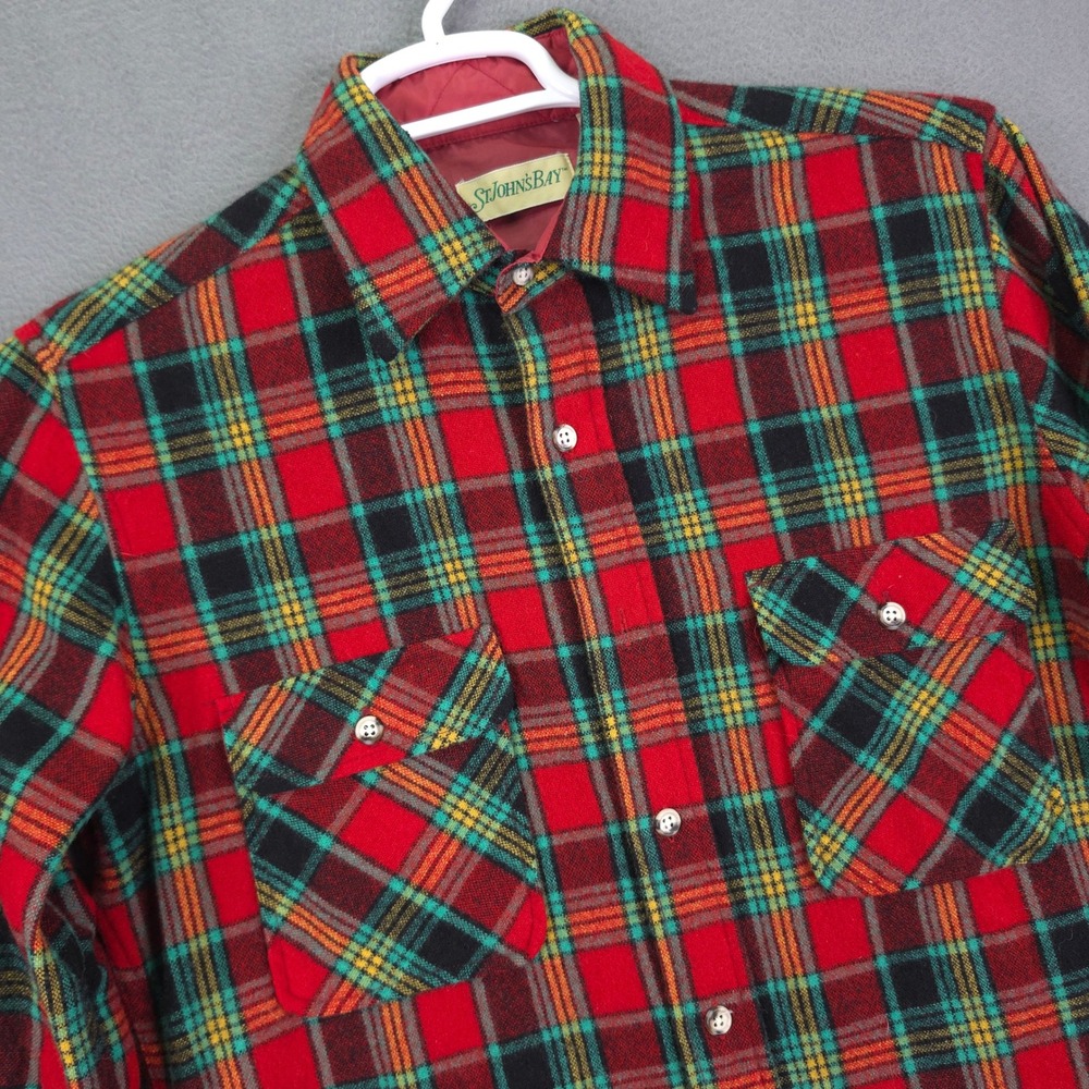 Vintage Flannel Shirt Wool St Johns Bay Red Medium Tall Button Mens Plaid
